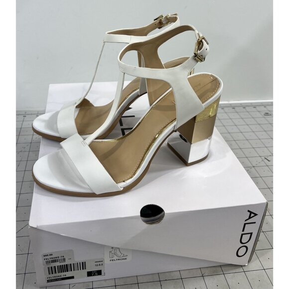 Aldo Women's Feltone-70 White Heeled Sandals Gold Accent Sz 7.5 With Box - Picture 7 of 9